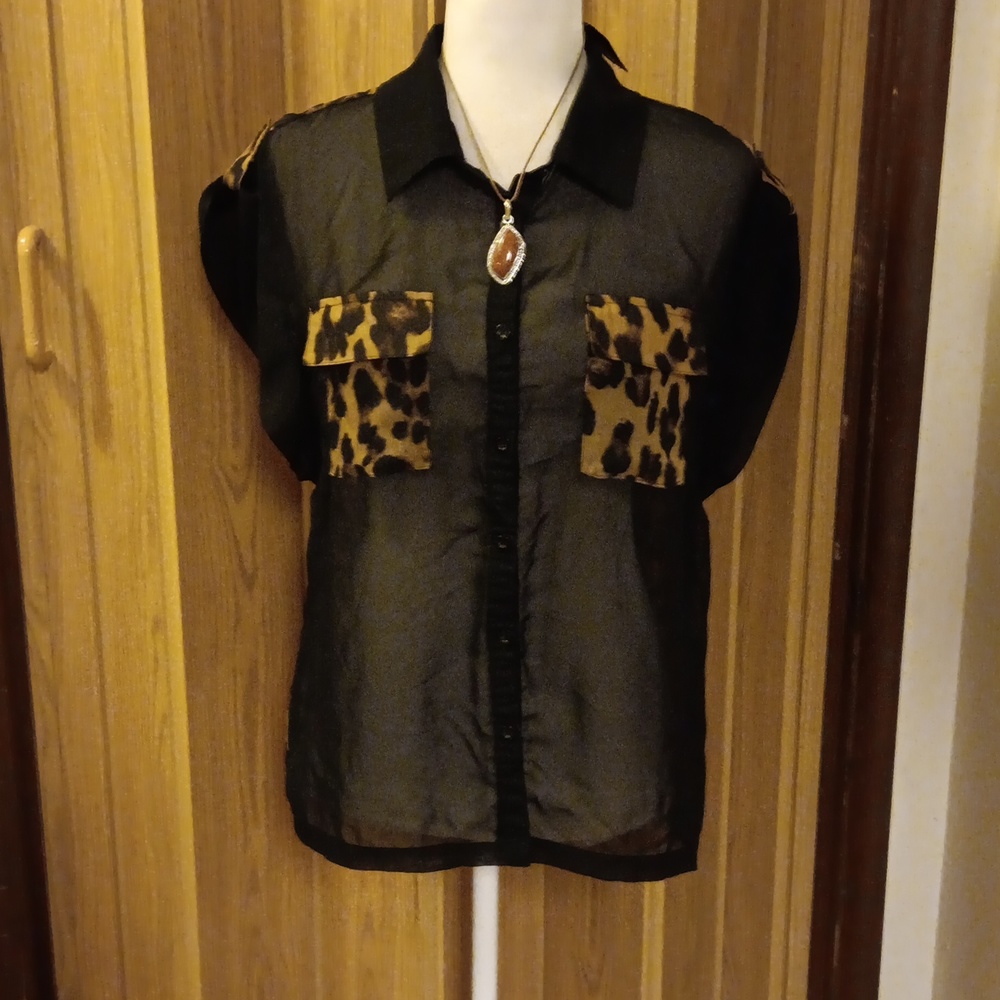 PAPAYA SHEER LEOPARD BUTTON DOWN BLOUSE